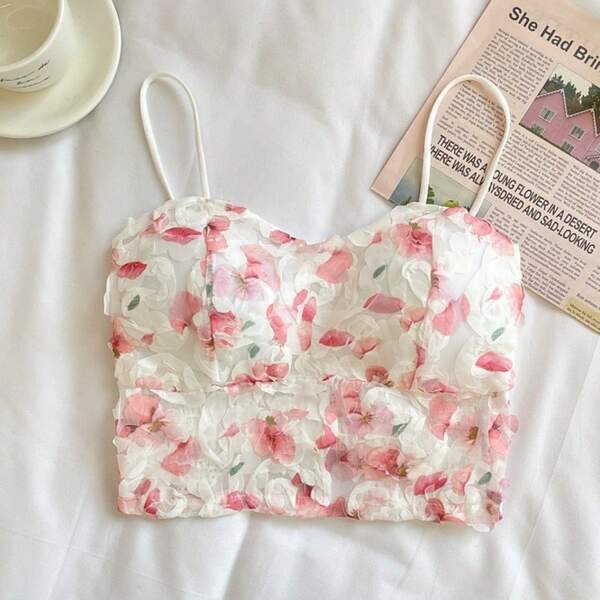 Talla Única (40 – 63.5 kg) no necesitas sujetador Top Camisola de Tirantes Estampado Floral Rosa Campestre con Almohadilla para Pechos y Anti-Escape Corto con Espalda al Aire Mujer