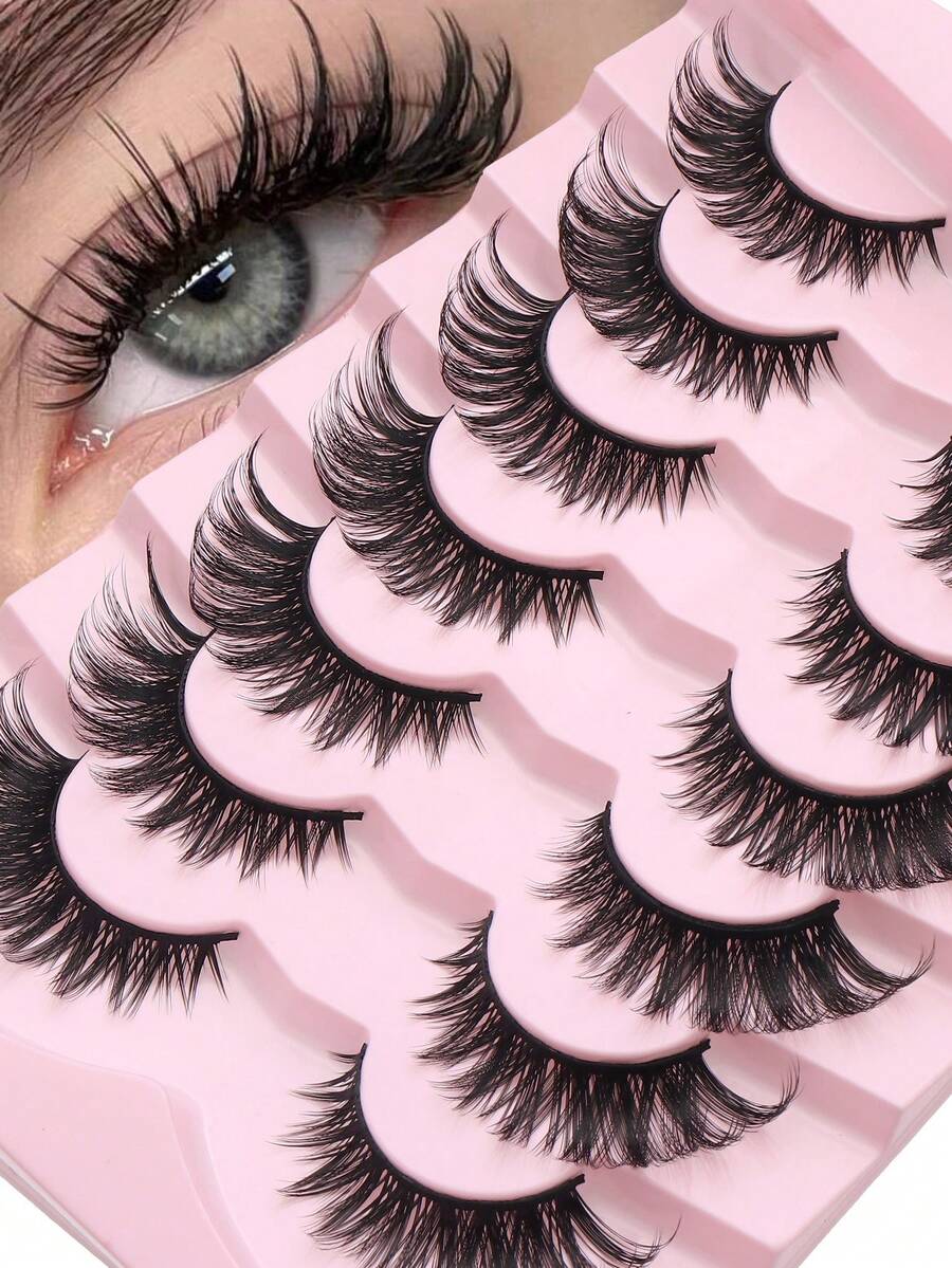 NAIJEMA 7 Pairs Dense False Eyelashes, Fluffy Faux Mink False Eyelashes, Slim False Eyelashes, Curly Soft False Eyelashes, 3D Natural False Eyelashes, Suitable For Party, Daily Wear, Cat Eye False Eyelashes, Suitable For Various Occasions, Dramatic Eyelashes, Eyelashes, False Eyelashes - Black - View 1