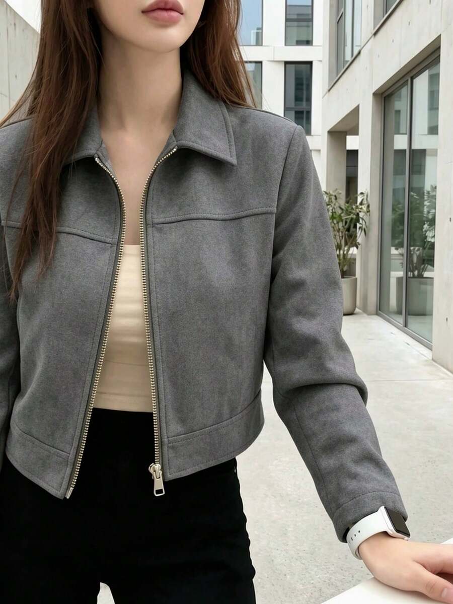 Women's Spring/Autumn Jacket, Lapel Collar, Solid Color, Faux Suede, Zipper, Daily, College, Airport - Dark Grey - View 1