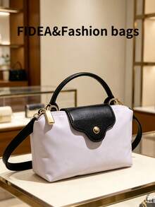 Tas Bucket PU Minimalis Warna Solid Terbaru, Gaya Elegan dan Mewah yang Populer, Tas Selempang Bahu Genggam, Serbaguna untuk Kerja, Belanja, dan Kencan - Hitam dan Putih - View 8