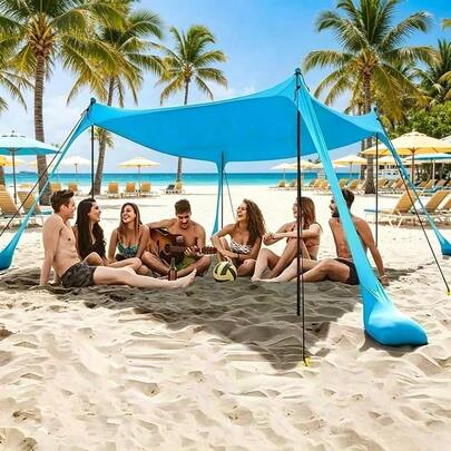 Portable Blue Family Beach Sun Shelter With Stable Support Pole, UPF 50+ UV Protection Windproof Outdoor Sun Shade, Easy Setup Beach Tent, Suitable For Beach Camping, Picnic, Backyard Party, Perfect For Couples And Families