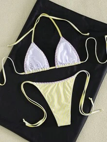 女款純色加強縫線掛脖繫帶兩件式泳衣，性感高端極簡風夏季泳裝 - 白黃豎條紫芽 - 查看 3