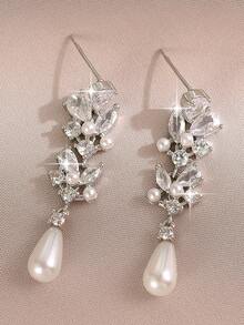 1pair Elegant Leaf Tassel Cubic Zirconia & Faux Pearl Dangle Earrings For Women Festivals Wedding Engagement Anniversary Party Jewelry Gift - White - View 7