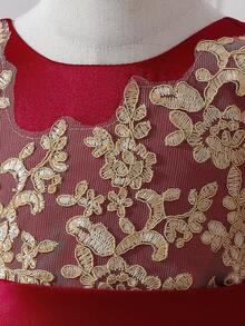 女嬰刺繡蝴蝶婚禮花童公主禮服附拖尾，適合派對與度假，布料花卉圖案隨機裁切，不含髮箍 - 酒紅色 - 查看 8