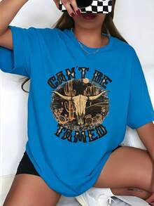 Women's Oversized T-Shirt With Western Bull Skull Graphic "Can't Be Tamed", Casual Summer Top, Country Style, Fashion Piece, Casual Blouses For Ladies - 藍色 - 查看 3