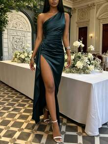 Women's Pleated Sexy One Shoulder Maxi Dress High Split Slim-Fit Cocktail Party Evening Gown,Easter Women Dress - 墨綠色 - 查看 7