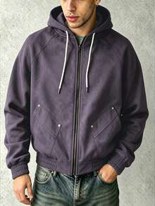 Modcrash Men's Vintage Purple Oversized Zip-Up Hoodie Jacket, Drawstring Hood, Rivet Pockets, Bomber Style Sweatshirt Outerwear, Couple Gift Fall/Autumn/Winter - Purple - View 3