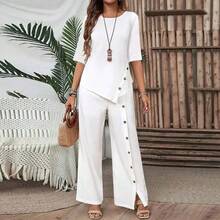 Conjunto de Dos Piezas para Mujer 2025: Summer de Corte Irregular y Camisa de Media Manga con Botones, Elegante, Casual y Holgado - Amarillo - Ver 6