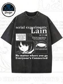Anime Style Graphic Print Of Serial Experiments, Summer Casual Wear For Anime Fans And Technology Enthusiasts, Printed T-Shirt 100% Cotton For Going Out. - Hitam - View 1