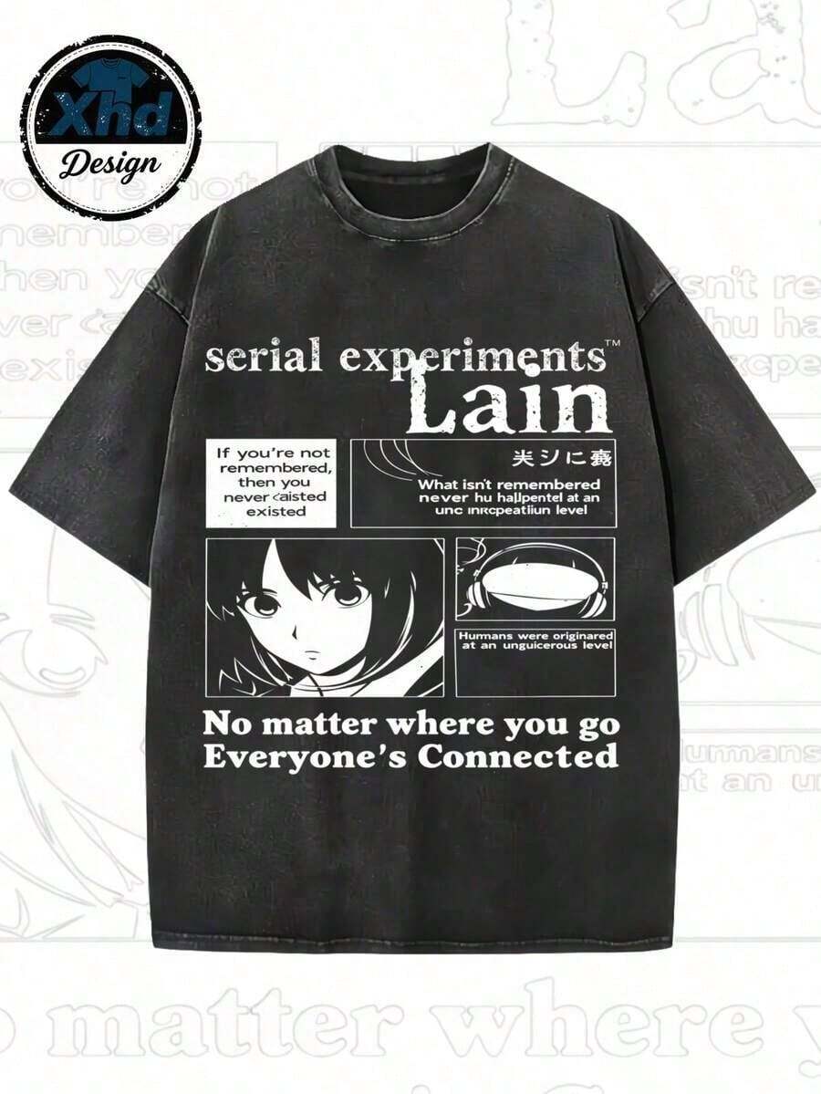 Anime Style Graphic Print Of Serial Experiments, Summer Casual Wear For Anime Fans And Technology Enthusiasts, Printed T-Shirt 100% Cotton For Going Out. - Hitam - View 1