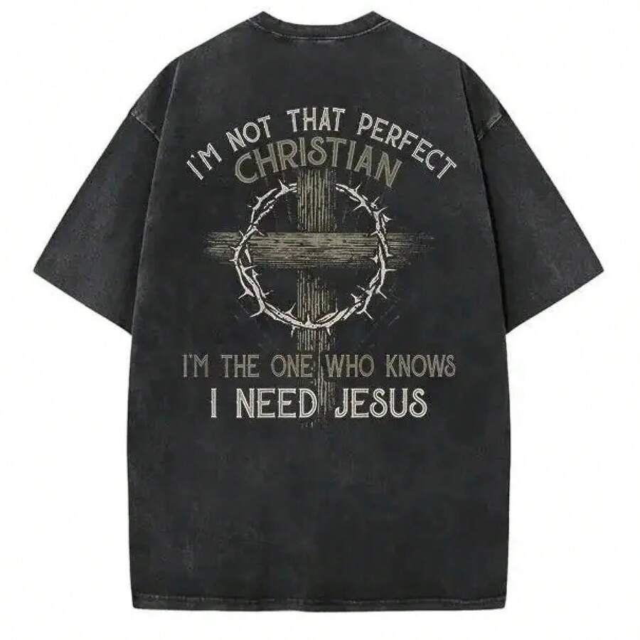 Vintage Washed T-Shirt, Thick Cotton With Double Graphic Illustrative Print, Unisex Cut, Variety Of Sizes, Casual Garment, Urban Fashion, Manga Style - 黑色 - 查看 1