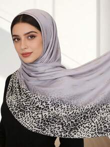1pc Women's Knitted Leopard Print Ombre Long Hijab Headscarf With Rhinestone Decor, Super Soft Fabric, Middle Eastern Style - Leopard Print Rhinestone Long Scarf In Multiple Colors - View 2