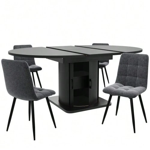 Juego de comedor moderno (5 piezas), que incluye mesa y sillas para 4 a 6 personas, mesa extensible con 4 sillas, mesa de comedor con cajones, silla de lino gris, negro - Negro - Ver 1