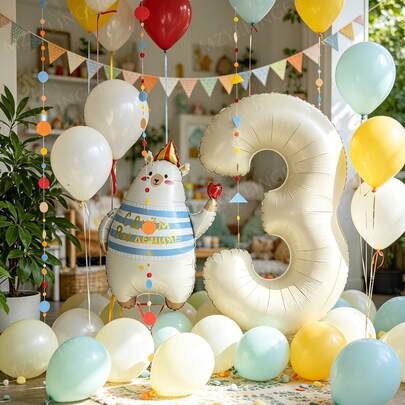 32 Inch Cream White Number Bear Set, Bear Balloon Cream White Number (0-9) Foil Balloon, Three-Color Latex Balloon, Paired With Blue Ribbon, Suitable For Birthday Party, Baby Shower, Anniversary, House Background Decoration, Various Holiday Decoration Supplies.