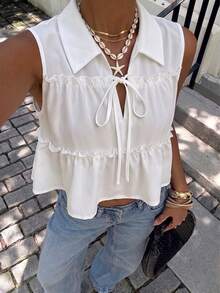 Women's New Spring/Summer Solid Color Sleeveless Elegant Top Vest With Ruffle Collar, Casual , Dating, Outing, Home, Vacation, Beach, Holiday White - White - View 4