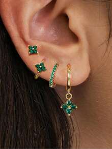 4pcs/Set Minimalist Geometric 18K Gold-Plated Earrings Set, Rhinestone Inlaid, Four-Petal Flower Design, Multi-Color Cubic Zirconia, Suitable For Vacation, Date, Gift And Daily Wear - 4pcs Earrings Set - View 2