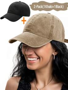 1 pieza Gorra de béisbol con visera curva vintage desgastada, unicolor, para primavera/verano, unisex - Caqui - Ver 21