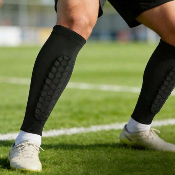 1 Paar verdickte Waben-Sportaccessoires, verteilen die Aufprallkraft, effektiv verteilen Stöße, Beulen und Kratzer während des Sports. Hergestellt aus hoch elastischem, schnell trocknendem Strickgewebe, hautfreundlich und nicht schweißtreibend, passt sich den Beinkurven an ohne Enge, kein Gefühl der Einschränkung während des Sports; atmungsaktive Netzstruktur beschleunigt die Luftzirkulation, hält trocken und bequem auch nach längerem Tragen