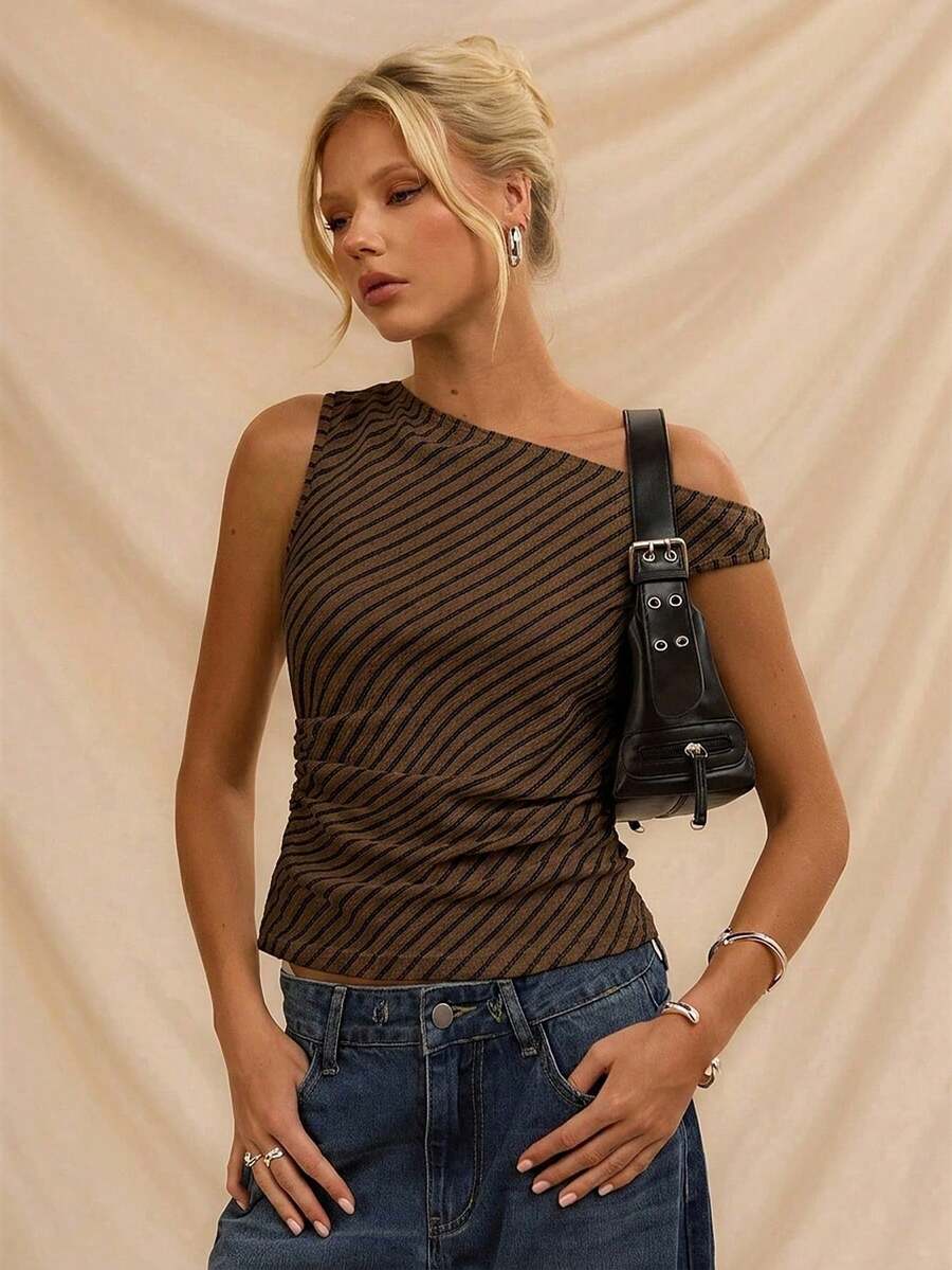 Lucid Women's Striped Off-Shoulder Asymmetric Blouse - Whole Grain Coffee - View 1