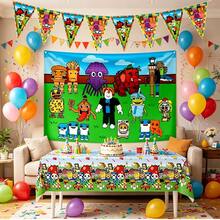 Roblox 12件組趣味老虎背景布 100x150cm + 桌布 137x274cm + 10件小旗幟 28x20cm - 防水PE派對套裝，適用於生日、萬聖節、畢業典禮、嘉年華、婚禮、嬰兒洗禮、聖誕節、復活節 - Steal a Brainrot background Combination - 查看 5