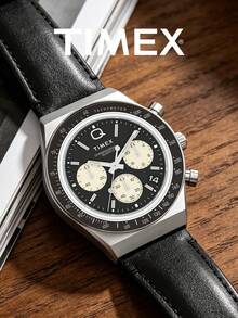 Timex Tiemishi Vintage Racing Chronograph Men's Watch, Black Dial With Cream Sub-Dials, Tachymeter Bezel, Black Leather Strap, Casual Dress Wristwatch - Black - View 2