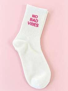1 Pair Women's NO BADVIBES Letter Print Crew Socks, Casual Ribbed Knit Mid-Calf Socks, Fashionable Daily Sports Comfortable Socks - Multicolor - View 5
