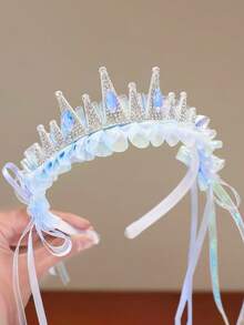 1/2/3/4PCS Blue Pearl Crown Headband, Ice & Snow Fairy Tale Girl Hair Accessory, Sweet Princess Headpiece With Tassel Ribbon And Mesh - Multicolor - View 8