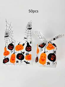 50pcs Halloween Rabbit Ear Shaped Plastic Gift Bags, Classic Pumpkin And Spider Web Print Storage Bags, Reusable Halloween Party Favor Bags, Holiday Table Decor, Carnival, Masquerade, Holiday Party Decoration Packaging Bags - Multicolor - View 15