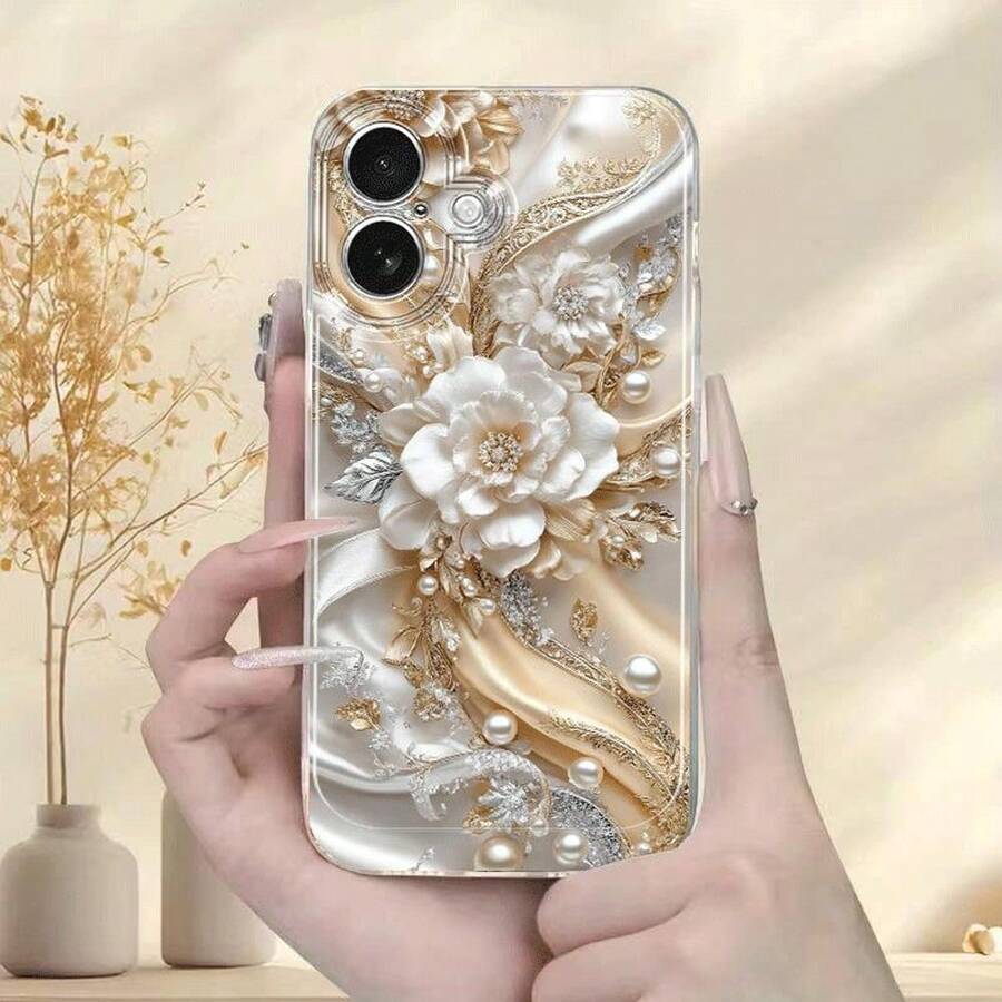 Funda para Teléfono - 1pc Funda Floral con Diseño de Viento y Perlas, Carcasa Suave Transparente con Agujeros de Precisión a Prueba de Golpes, Funda Gruesa de Lujo Resistente a los Golpes Adec - Multicolor - Ver 1