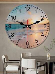 One Coastal Beach Sunset Wall Clock, Silent, Tick-Free, Wooden Round Decorative Clock With Sea View, Battery Powered (AA Batteries Not Included), Home Decor Gift, 12-Digit Display. - 1PC - 查看 8