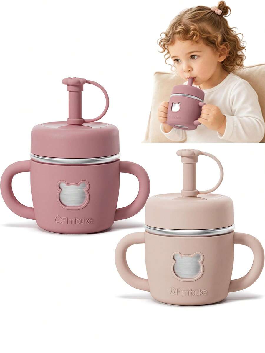 2PCS Sippy Cups For Toddlers, 10 OZ Spill Proof Kids Cup, Kids Water Bottle Leak Proof Stainless Steel Tumbler With Handle, Silicone Straw & Sleeve