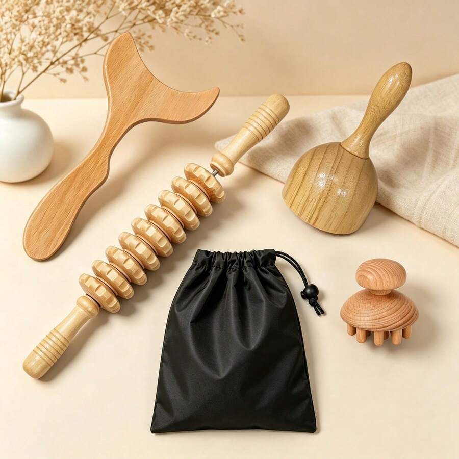 木療套組,木質淋巴排毒按摩器,針對腹部、腰部、大腿、臀部的抗纖維化身體塑形工具,居家SPA身體輪廓按摩工具,健身恢復用,女性健康禮物 - 杏色 - 查看 1