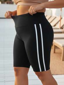 Plus Size Women's High Elasticity Solid Color 5-Inch Biker Shorts With White Side Stripe Design, Casual Comfortable Fashion Knit Leggings For Sports And Outings - Black - View 3