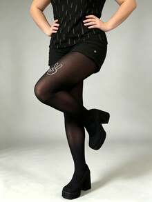 1 Pair Plus Size Black Sheer Pantyhose With Peace Sign Rhinestones, Sexy Shiny Hand Gesture Design, High Elasticity - Biye Black Hot Rhinestone - View 2
