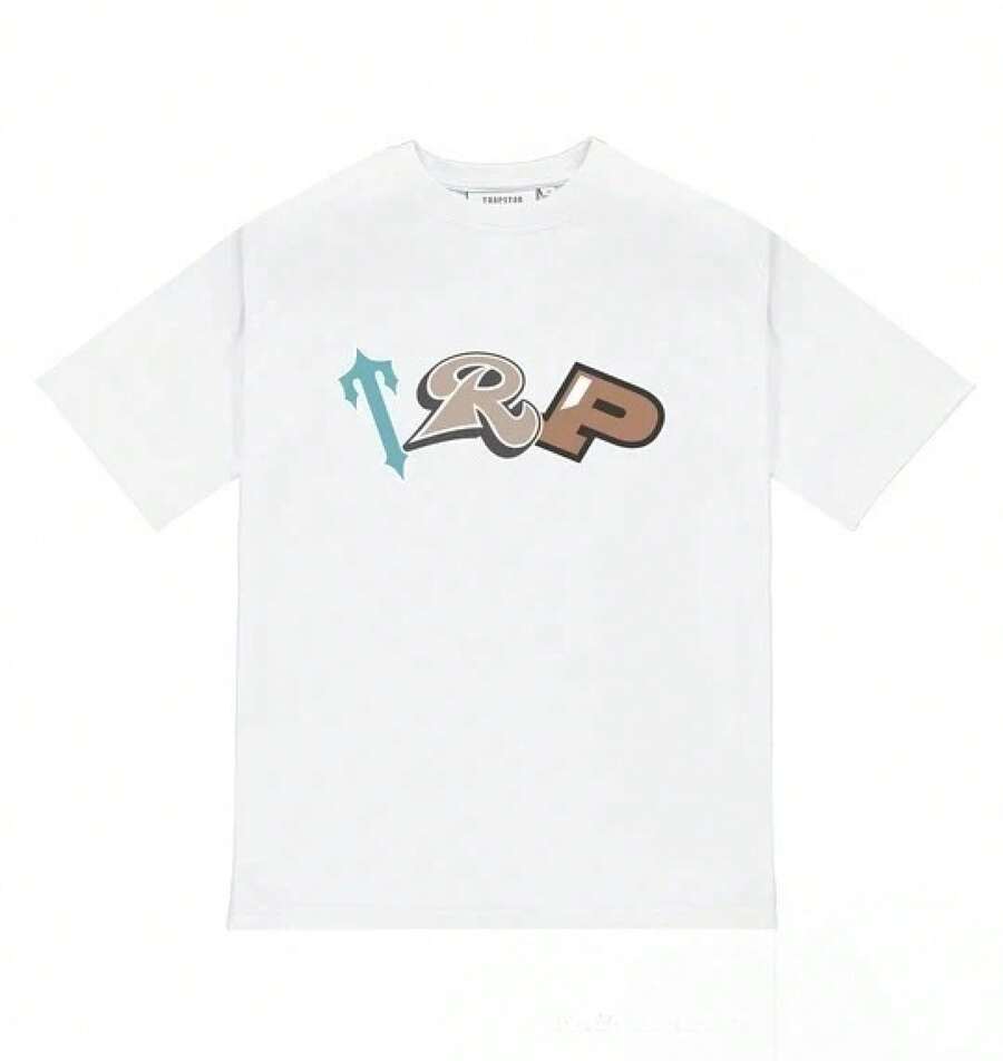 Camiseta de manga corta con diseño de letras y estampado de dibujos animados de la marca europea y americana Trapstar, para hombres y mujeres, moda urbana europea y americana, camisetas de l - Blanco - Ver 1