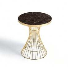 60cm Round Marble Texture Side Table, Gold Steel Base, Glossy Top, Suitable For Living Room/Dining Room/Coffee Corner - Brown - View 8