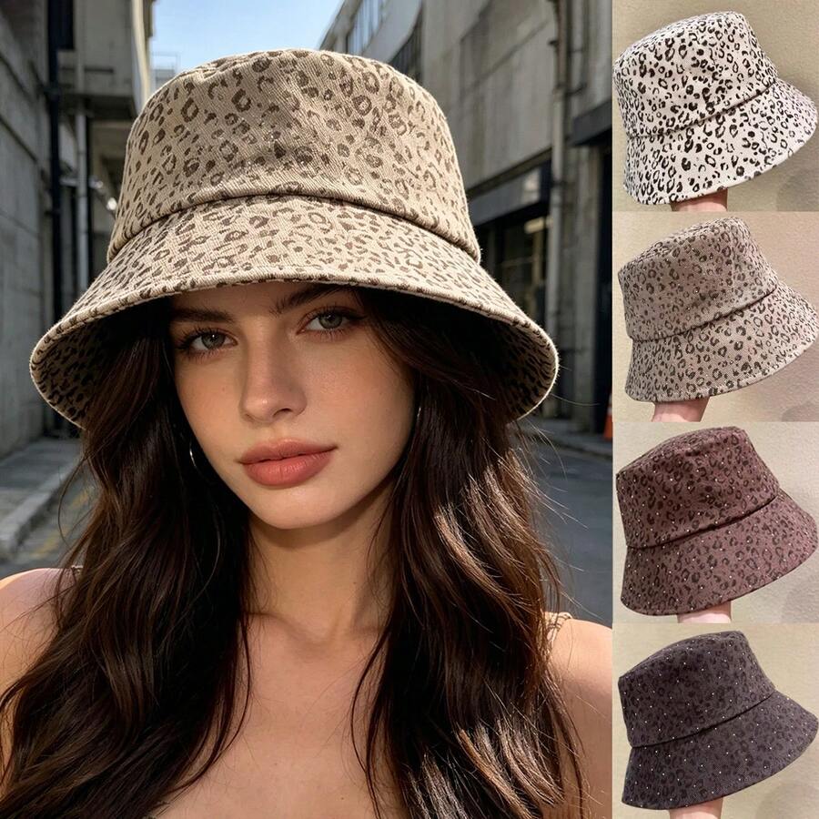 New Women's Japanese Style Leopard Print Rhinestone Bucket Hat, Large Brim Sun Hat, Face-Slimming Sun Protection Hat - A - View 1