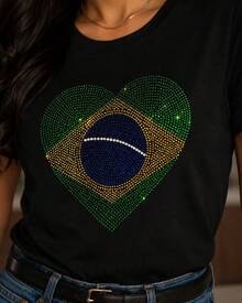 Women's T-Shirt With Brazilian Flag In Rhinestones, World Cup 2026 - 黑色 - 查看 5