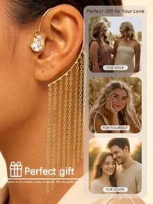 outingfit 1pc Ins Viral Tassel Ear Hook Earrings, High-End Rhinestone Ear Cuff For Non-Pierced Ears, Fairy Style Accessory Earrings - Gold - View 6