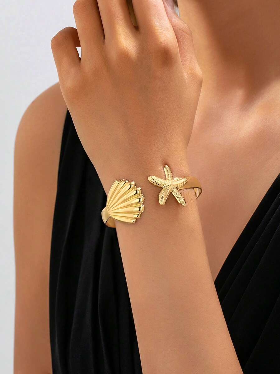 1pc Fashion Minimalist Metal Starfish And Shell Shaped Bracelet, Suitable For Women - Yellow Gold - View 1