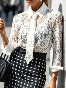 Women's Autumn/Winter Preppy Style Sheer Lace Blouse With Collar And Matching Tie, Contrast Cuff Design, Elegant And Feminine Vacation White - White - View 4