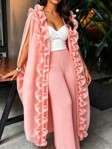 AOMEI Elegant Women's Soft Pink Loose Tulle Sheer Kimono Dress With Ruffle Front Opening And Drawstring Design, Wedding Guest Party Dress - Baby Pink - View 7