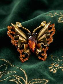 1pc Vintage Butterfly Brooch Women Fashion Elegant Insect Pin High-End Banquet Dress Accessory Gold Rhinestone Corsage - Yellow - View 1