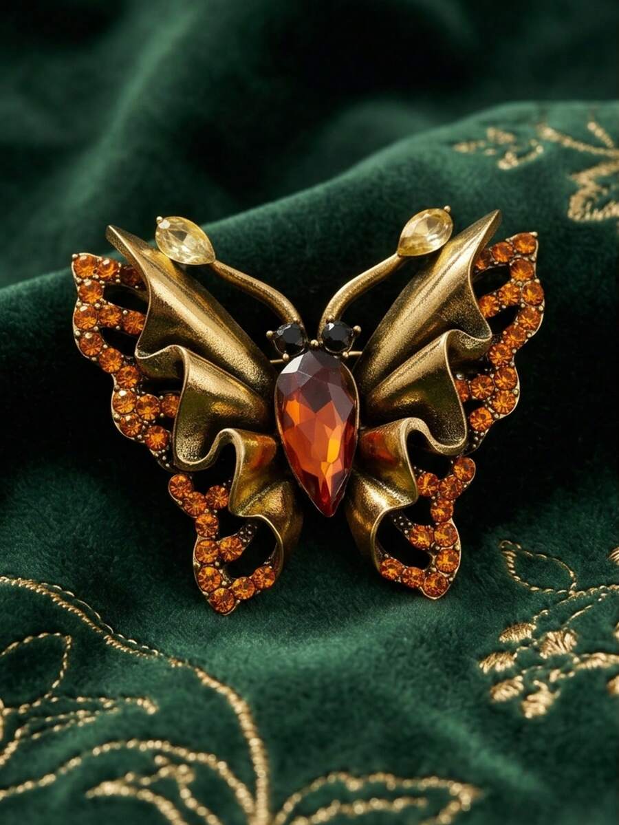 1pc Vintage Butterfly Brooch Women Fashion Elegant Insect Pin High-End Banquet Dress Accessory Gold Rhinestone Corsage - Yellow - View 1