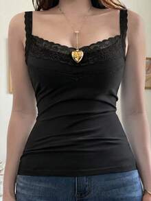 女士Y2K性感蕾丝拼接吊带背心，适合夏季街头风、通勤、休闲和居家穿着，黑色 - 黑色 - 查看 7