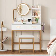 Modern Dressing Table / Fashionable Dressing Table / Rotating Mirror – Incl. Stool & Gold Metal Legs / Plenty Of Storage Space: 2 Drawers + 2 Open Shelves / White, Dimensions: 80*138.5*40 Cm - White+Gold - 查看 1