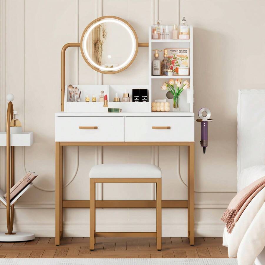 Modern Dressing Table / Fashionable Dressing Table / Rotating Mirror – Incl. Stool & Gold Metal Legs / Plenty Of Storage Space: 2 Drawers + 2 Open Shelves / White, Dimensions: 80*138.5*40 Cm - White+Gold - 查看 1