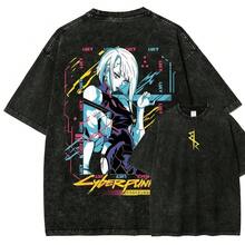 Vintage Washed T-Shirt, Thick Cotton With Double Graphic Illustrative Print, Unisex Cut, Variety Of Sizes, Casual Garment, Urban Fashion, Manga Style - 黑色 - 查看 1