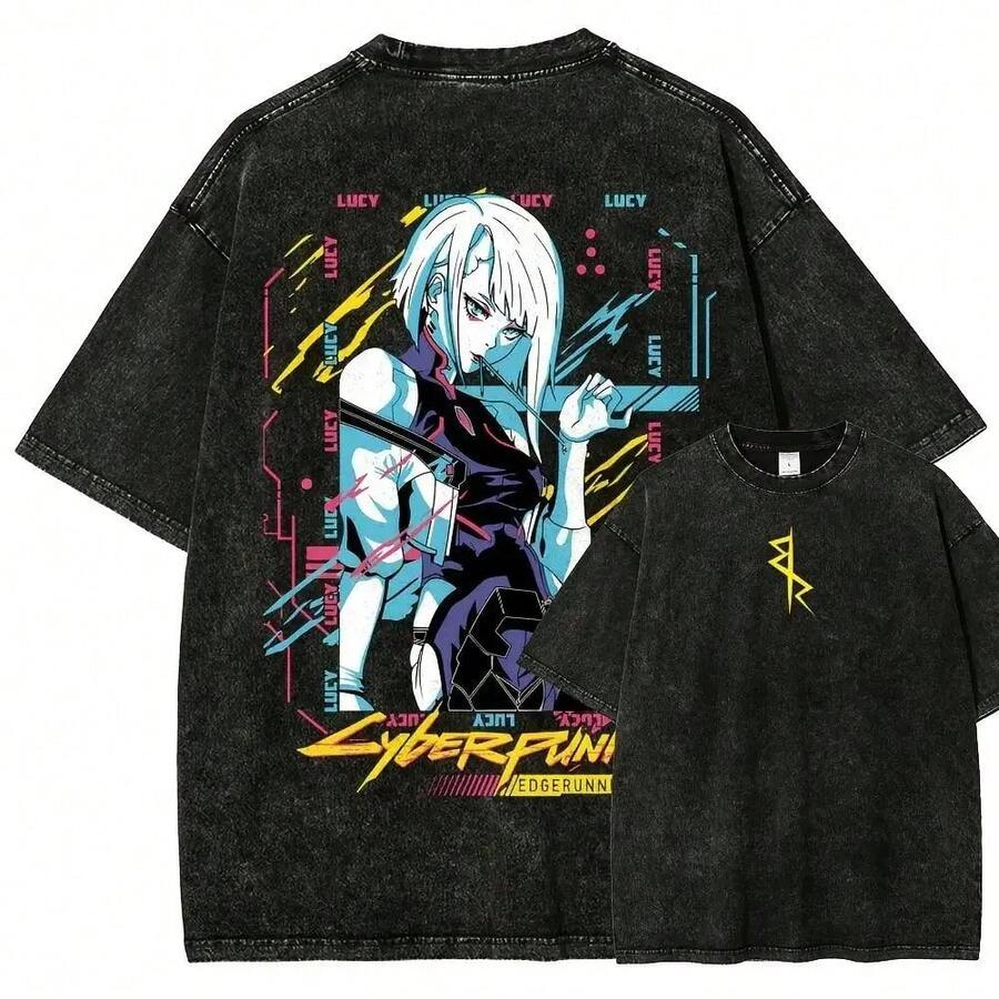 Vintage Washed T-Shirt, Thick Cotton With Double Graphic Illustrative Print, Unisex Cut, Variety Of Sizes, Casual Garment, Urban Fashion, Manga Style - 黑色 - 查看 1