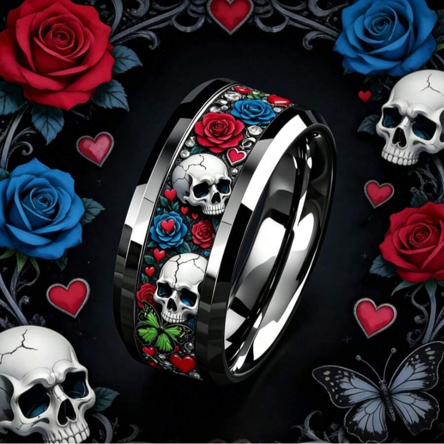 8mm Polished Black Tungsten Carbide Ring With Gothic Skull, Red & Blue Rose, Heart And Butterfly Pattern, Day Of The Dead Motorcycle Style Personalized Ring, Ergonomic Fit Unisex Jewelry, Gift For Gothic And Rock Enthusiasts - Multicolor - View 1